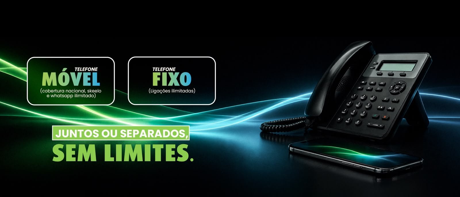 Telefone móvel e telefone fixo Bandaturbo, juntos ou separados, sem limites.